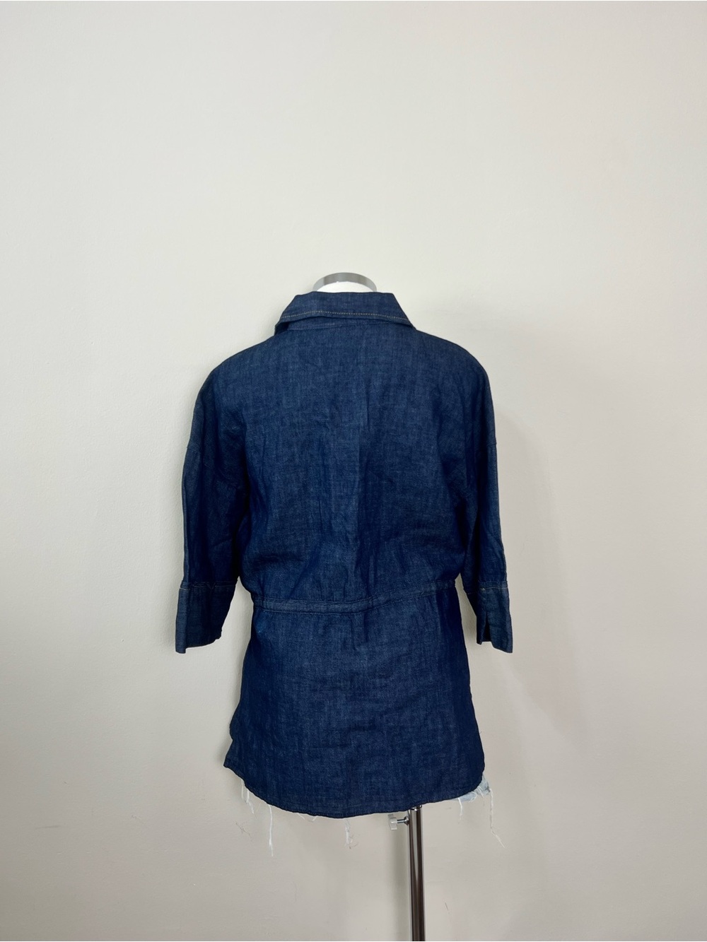 Zara Denim Button Front Blouse Drawstring Waist Cotton Linen Blend Size S NWT - Picture 6 of 10
